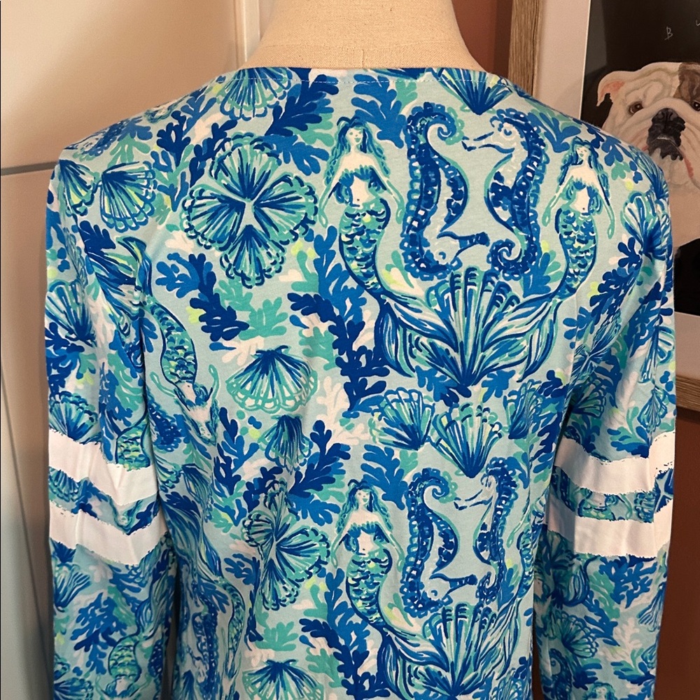 Lilly Pulitzer Mermaid Ollie Blue Teal White “Seeing Double” M Long Sleeve Top - Picture 7 of 12